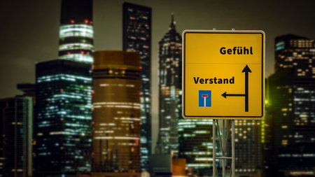 An image with a signpost pointing in two different directions in German. One direction points by feeling, the other points by reason.の写真素材