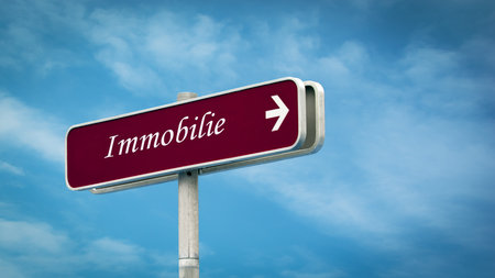 The picture shows a signpost and a sign that points in the direction of the real estate in German.の写真素材