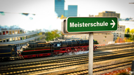 a picture with signposts in the direction of the master school in Germanの写真素材