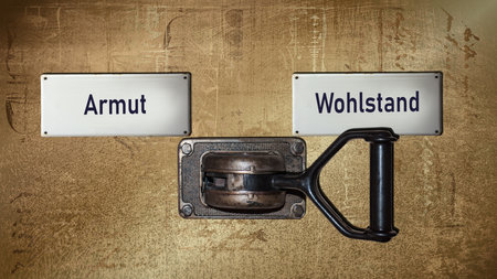 An image with a signpost pointing in two different directions in German. One direction points to wealth, the other points to poverty.の写真素材