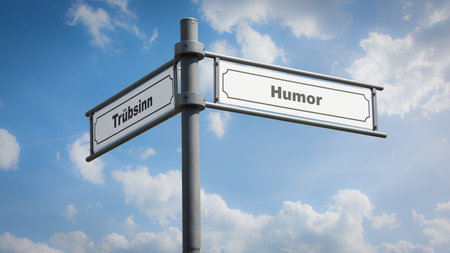 An image with a signpost pointing in two different directions in German. One direction points to humor, the other points to gloom.の写真素材