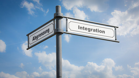 An image with a signpost pointing in two different directions in German. One direction points to integration, the other points to demarcation.の写真素材
