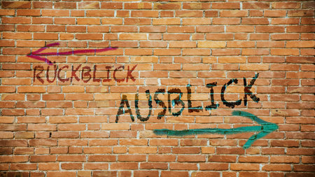 An image with a signpost pointing in two different directions in German. One direction points to outlook, the other points to backsightの写真素材