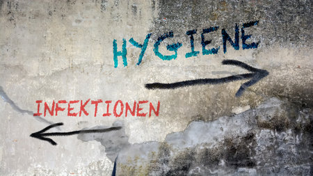 An image with a signpost pointing in two different directions in German. One direction points to hygiene, the other points to infections.の写真素材
