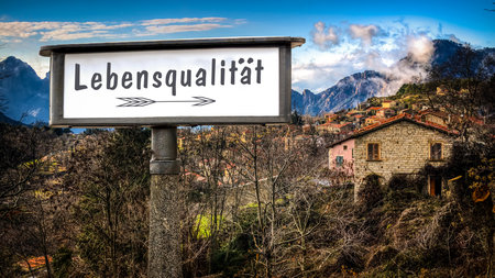 a picture with signposts in the direction of quality of life in Germanの写真素材