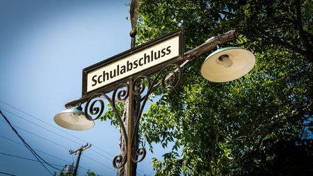 An image with a signpost in German pointing in the direction of graduation.の写真素材
