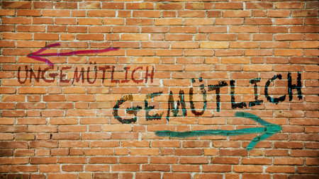 An image with a signpost pointing in two different directions in German. One direction points to Cozy, the other points to Uncomfortable.の写真素材