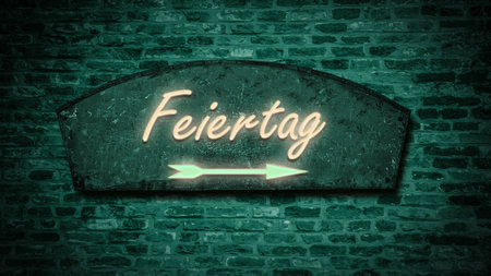 The picture shows a signpost and a sign that points in the direction of the public holiday in German.の写真素材