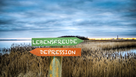 An image with a signpost pointing in two different directions in German. One direction points to...