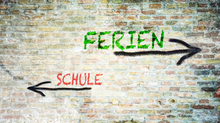 An image with a signpost pointing in two different directions in German. One direction points to...