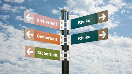 An image with a signpost pointing in two different directions in German. One direction points to safety, the other points to risk.の写真素材