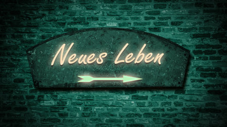 An image of a signpost in German pointing in the direction of New Life.の写真素材