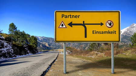 An image with a signpost pointing in two different directions in German. One direction points to partner, the other points to loneliness.の写真素材