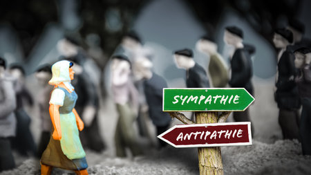 An image with a signpost pointing in two different directions in German. One direction points to sympathy, the other points to antipathy.の写真素材