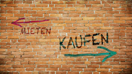 An image with a signpost pointing in two different directions in German. One direction points to buy, the other points to rent.の写真素材
