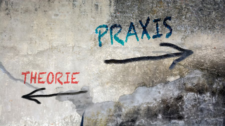An image with a signpost pointing in two different directions in German. One direction points to practice, the other points to theory.の写真素材