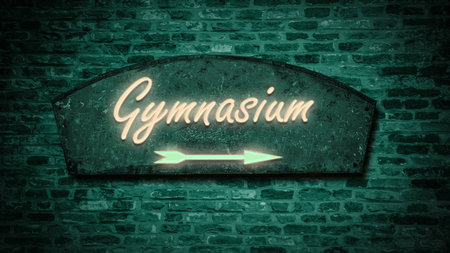 The picture shows a signpost and a sign that points in the direction of the Gymnasium in German.の写真素材