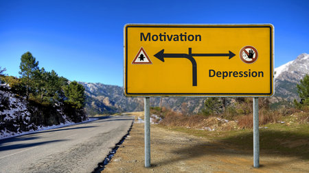 An image with a signpost pointing in two different directions in German. One direction points to motivation, the other points to depression.の写真素材