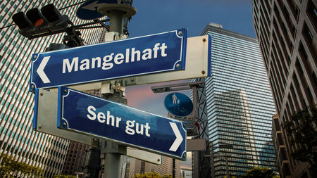 An image with a signpost pointing in two different directions in German. One direction points to Mangelhaft, the other points to Sehr gut.の写真素材