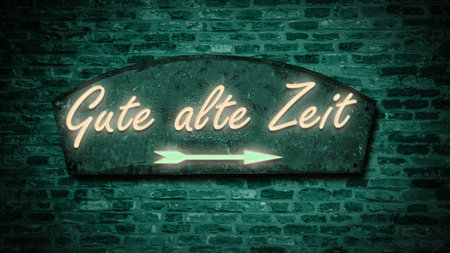 the picture shows a signpost and a sign that points in the direction of good old times in german.の写真素材