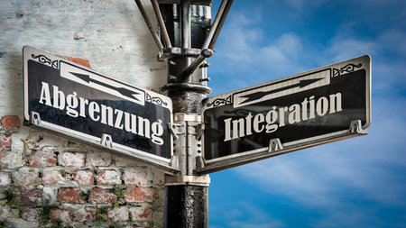 An image with a signpost pointing in two different directions in German. One direction points to integration, the other points to demarcation.の写真素材