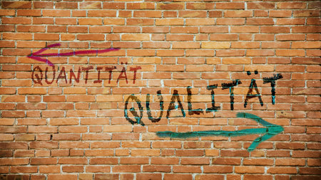 An image with a signpost pointing in two different directions in German. One direction is quality, the other is quantity.の写真素材