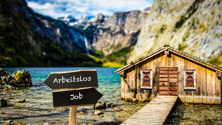 An image with a signpost pointing in two different directions in German. One direction points to Job, the other points to Unemployed.の写真素材
