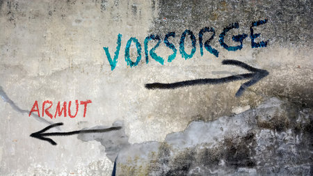 An image with a signpost pointing in two different directions in German. One direction points to precaution, the other points to povertyの写真素材