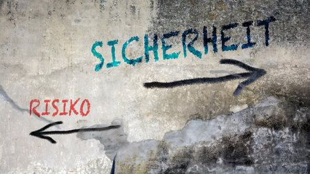 An image with a signpost pointing in two different directions in German. One direction points to...