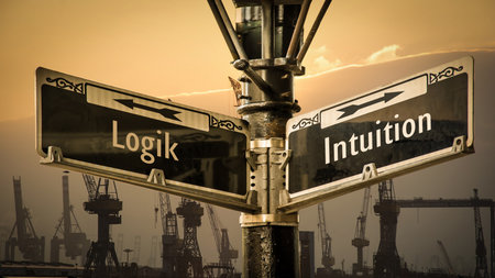 An image with a signpost pointing in two different directions in German. One direction points to intuition, the other points to logic.の写真素材