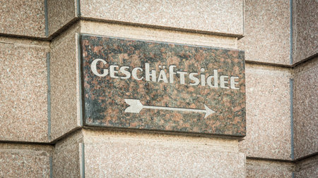 The picture shows a signpost and a sign that points in the direction of the business idea in German.の写真素材