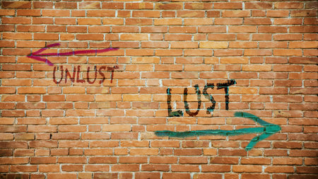 An image with a signpost pointing in two different directions in German. One direction points to pleasure, the other points to displeasure.の写真素材