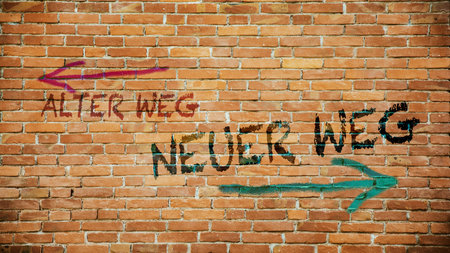An image with a signpost pointing in two different directions in German. One direction points to New Path, the other points to Old Path.の写真素材