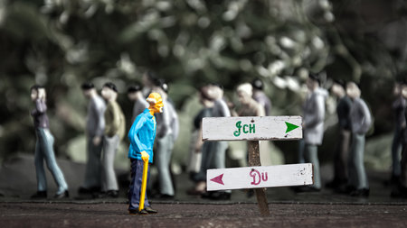 An image with a signpost pointing in two different directions in German. One direction points to me,...