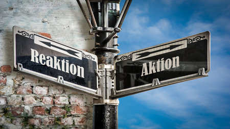 An image with a signpost pointing in two different directions in German. One direction points to...