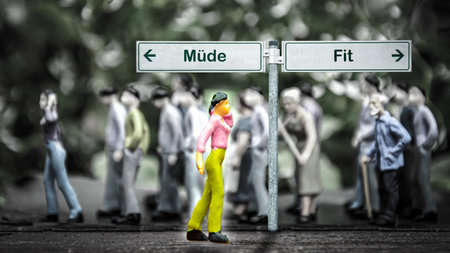 An image with a signpost pointing in two different directions in German. One direction points to...