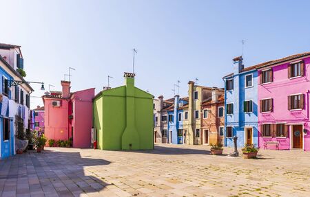 colorful facades on the Isle of Burano in Venice in Veneto, Italyの写真素材