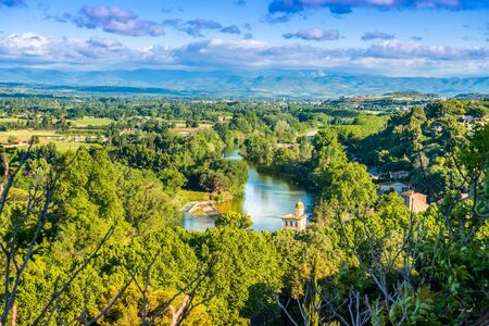 Landscape of the Bit?rois and the Orb river from the cathedral of B?ziers in the H?rault in Occitanie, Franceの写真素材