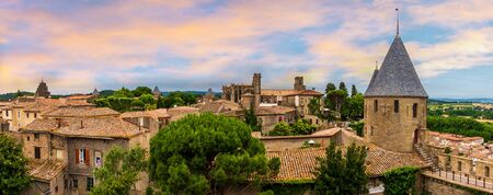 On the ramparts of the City of Carcassonne in the Aude in Occitanie, Franceの写真素材