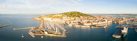 Aerial panorama of the port of Sete on a summer morning, in Herault in Occitanie, France