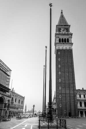 The Campanile in black and white in the early morning, Piazza San Marco in Venice in Veneto, Italyの写真素材
