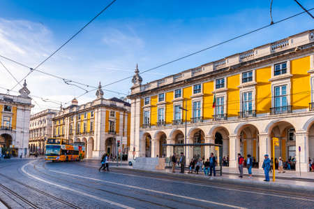Arsenal street and its traffic and facades in Lisbon in Portugal