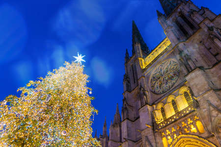 Christmas tree in front of St. Andrew's cathedral at night in Bordeaux in New Aquitaine, Franceの写真素材