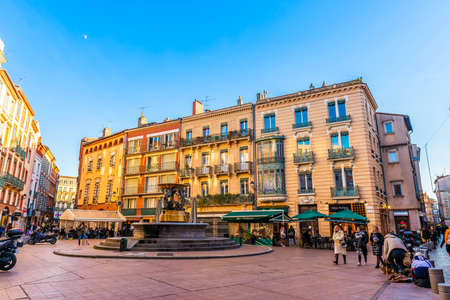 February 02, 2020: Fountain and buildings Place de la Trinite in Toulouse in Occitania, Franceのeditorial素材