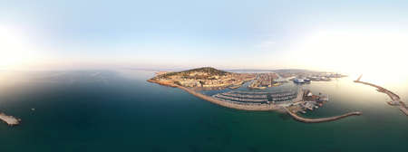 360Âº Aerial panorama of the city of SÃ¨te and the port, during sunrise, in the HÃ©rault...