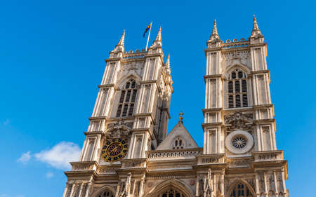 Main facade of Westminster Abbey, Gothic style, in London, England, United Kingdom