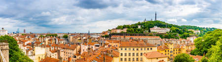 Panorama of the city of Lyon from the Croix Rousse district, in the Rhone, in Franceの写真素材