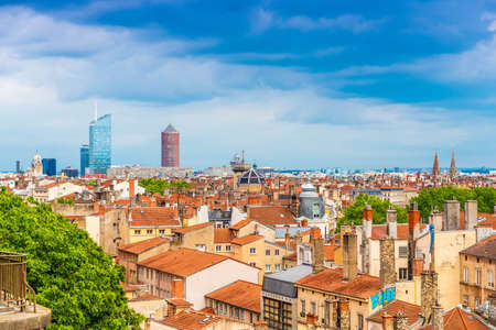 Panoramic view of the city of Lyon from the Croix Rousse district, RhÃ´ne, Franceのeditorial素材