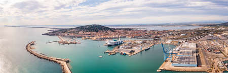 Aerial panorama of the port of Sete at sunset in Herault in Occitanie, Franceのeditorial素材