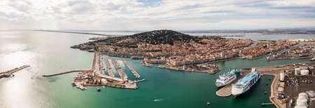 Aerial panorama of the port of Sete at sunset in Herault in Occitanie, Franceのeditorial素材
